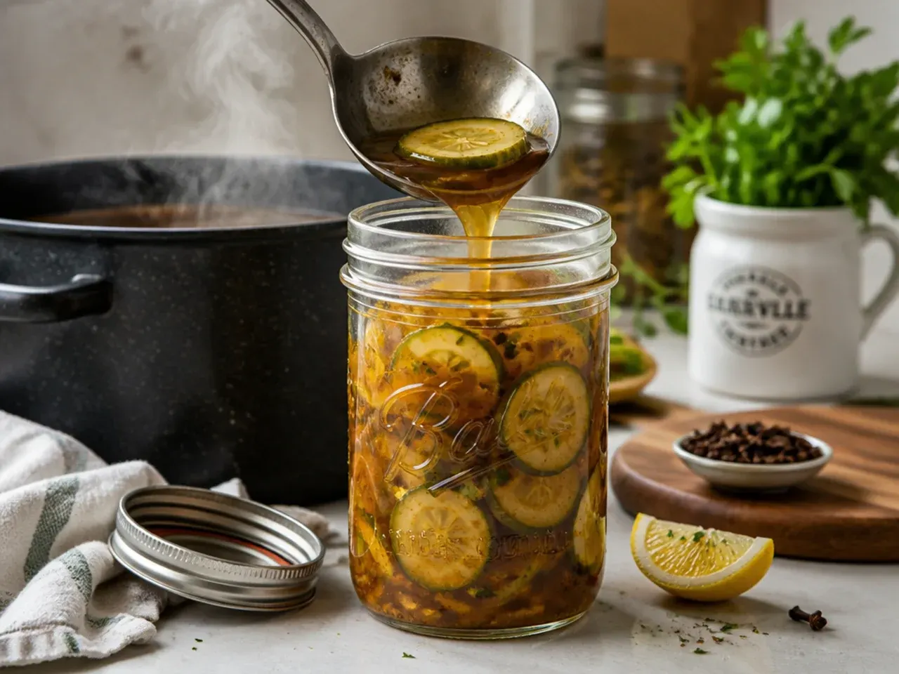 Golden bread and butter style amish pickles with a cinnamon stick and cloves in the brine