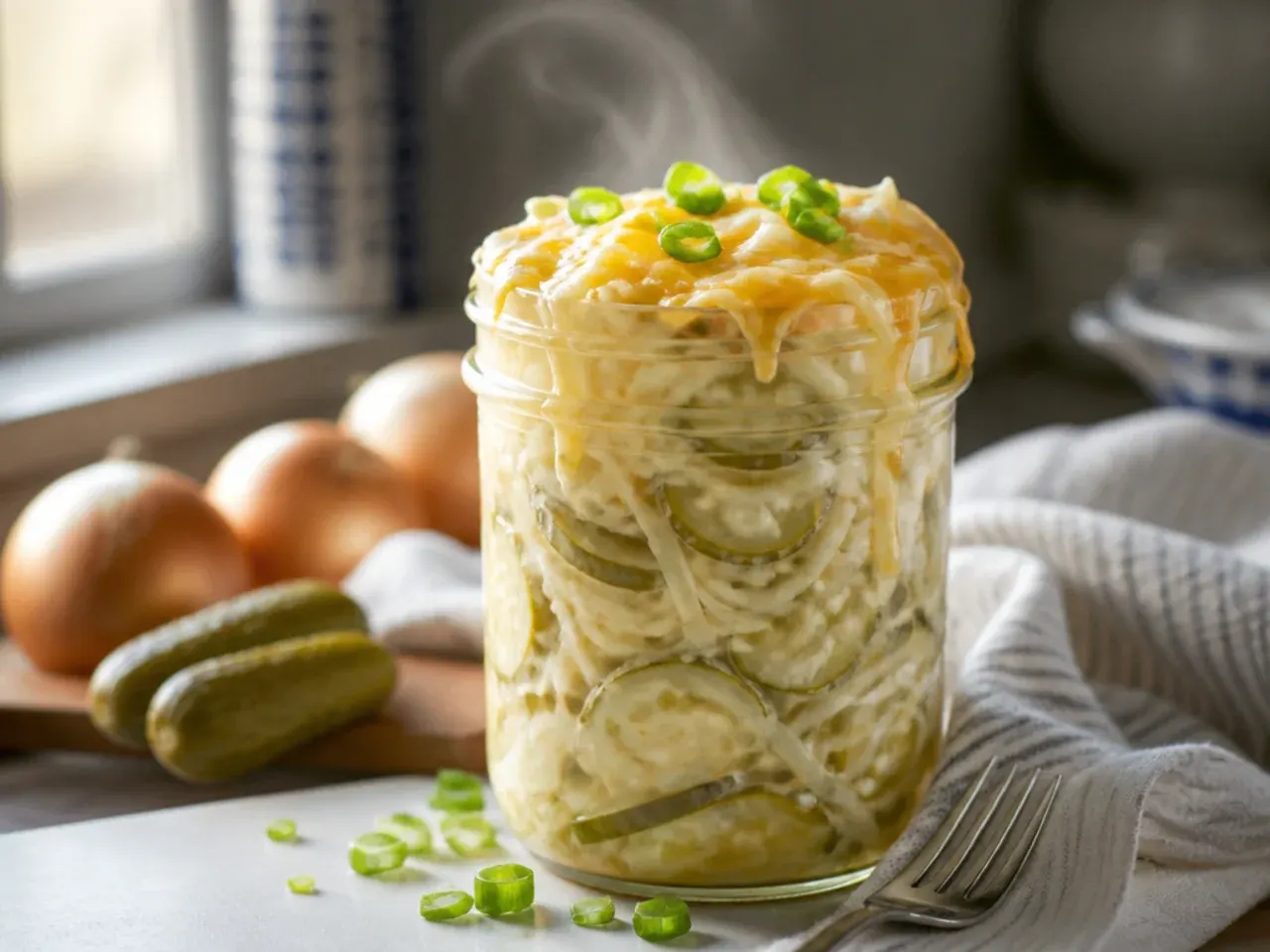 Creamy Pennsylvania Dutch pickle and onion salad in a bowl with soured cream dressing
