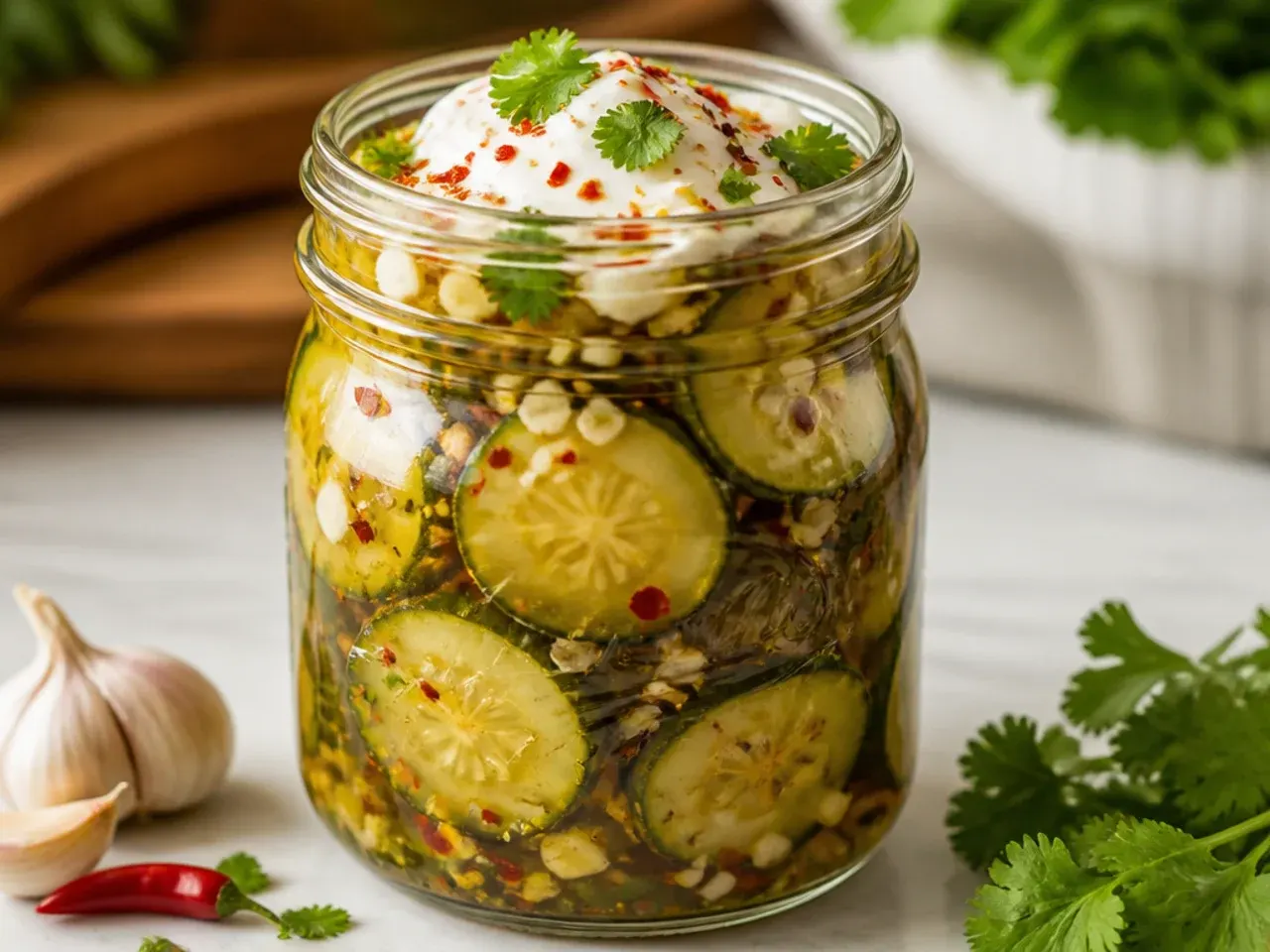 Amish pickle slices with visible red pepper flakes and sliced garlic in the brine