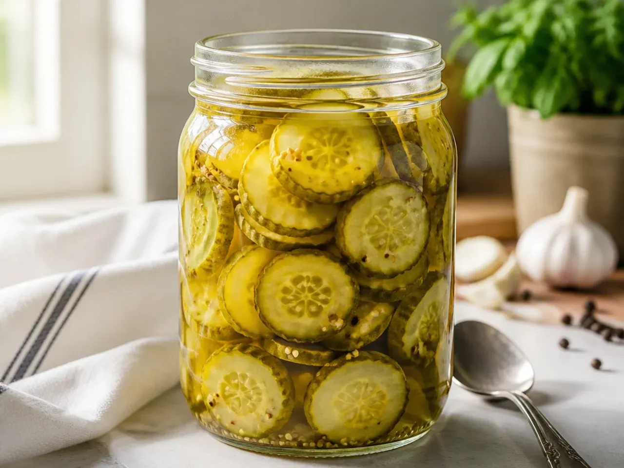 Honey being stirred into warm vinegar brine for wholesome amish refrigerator pickles
