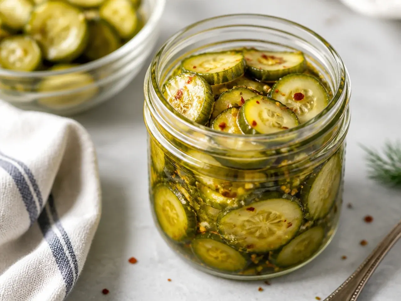 Paper-thin amish pickle chips sliced with a mandoline for a quick weeknight batch