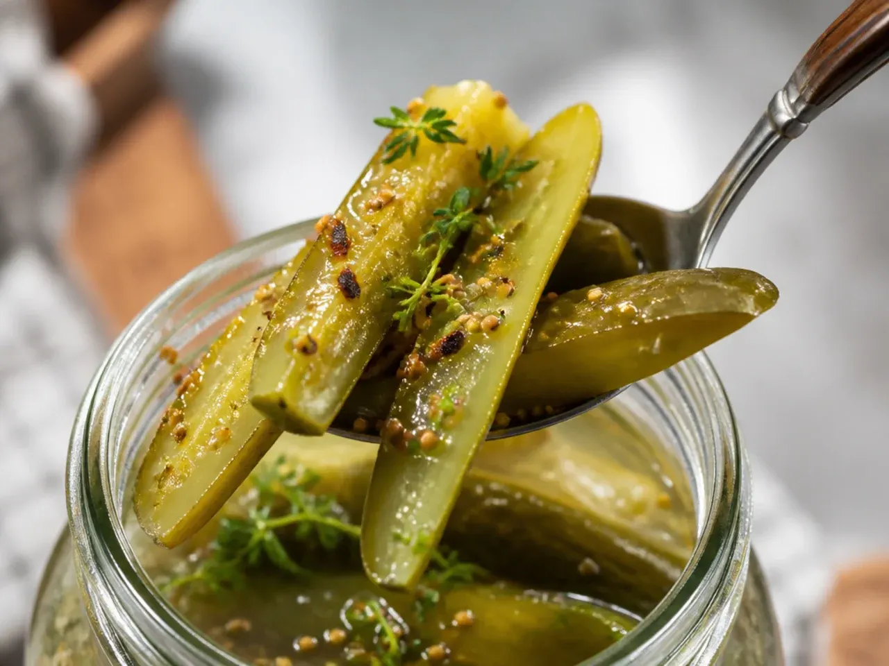 Cucumber spears standing upright in a tall jar of amish pickle brine
