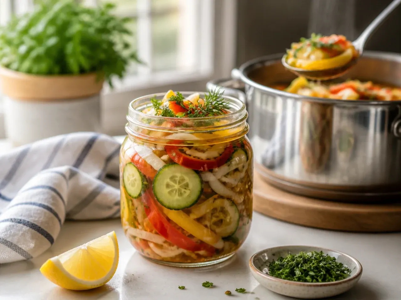 Loaded jar of amish pickles with red bell pepper, onion and celery mixed through the brine