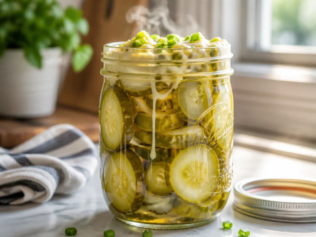 Two large jars of family-size amish refrigerator pickles ready for a gathering