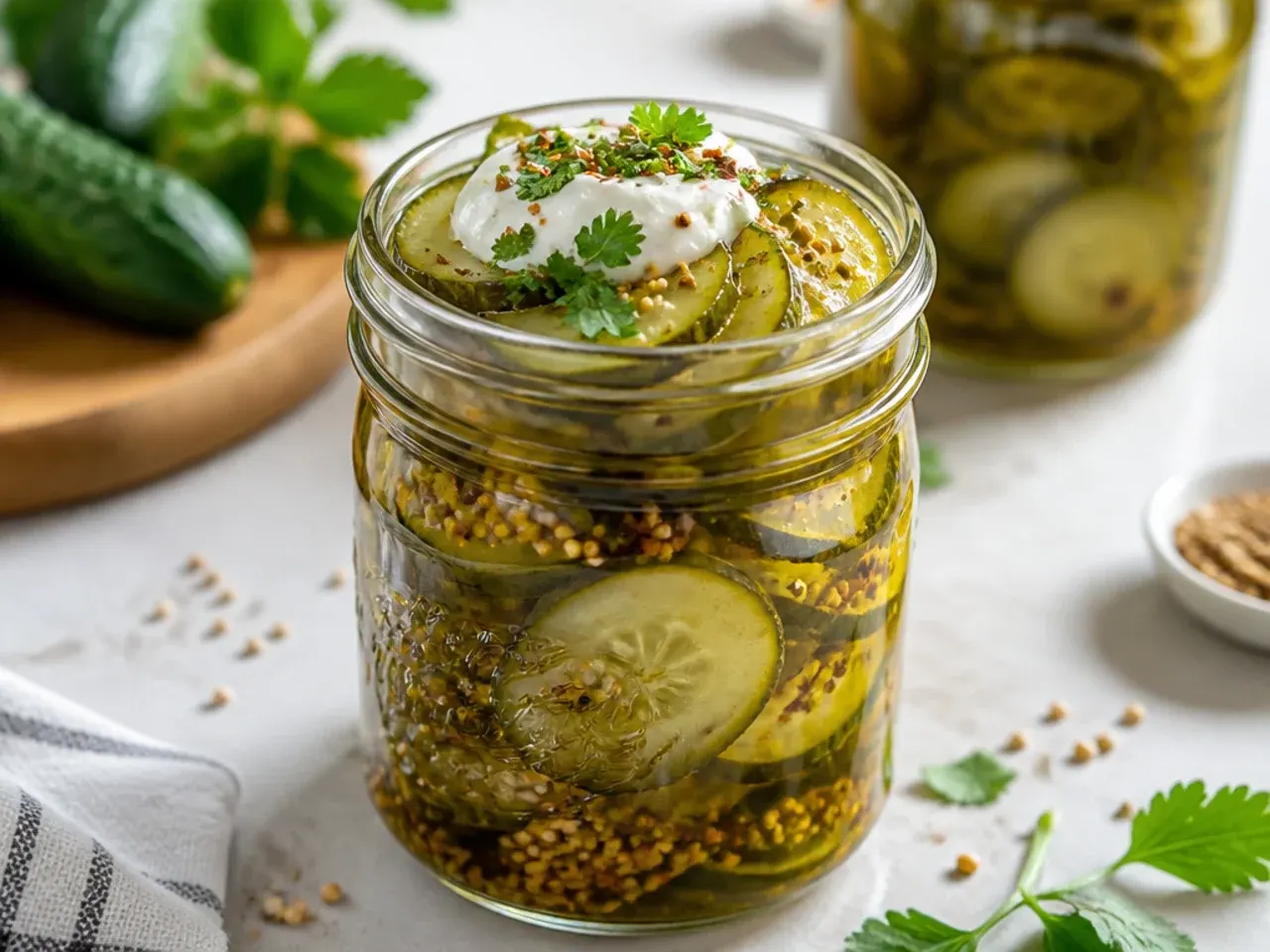 Warm brine being poured over thin cucumber rounds for a same-day quick pickle