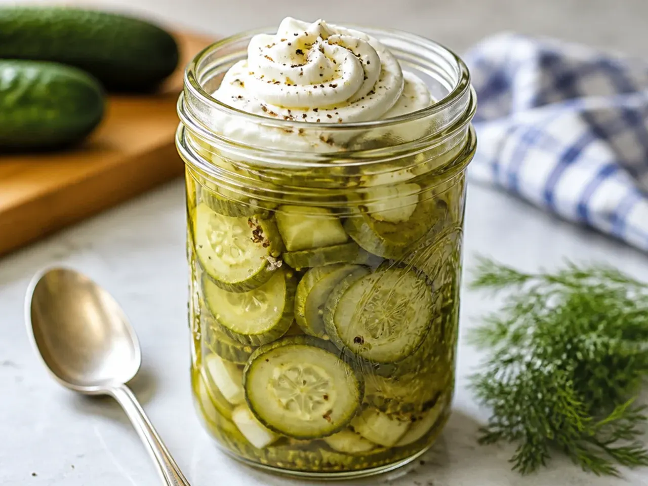 Golden-yellow heirloom amish icebox pickles with turmeric and mustard seed in the jar