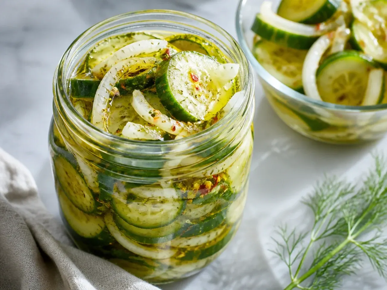 Sweet Vidalia onion rings layered with cucumber slices in a jar of amish pickles