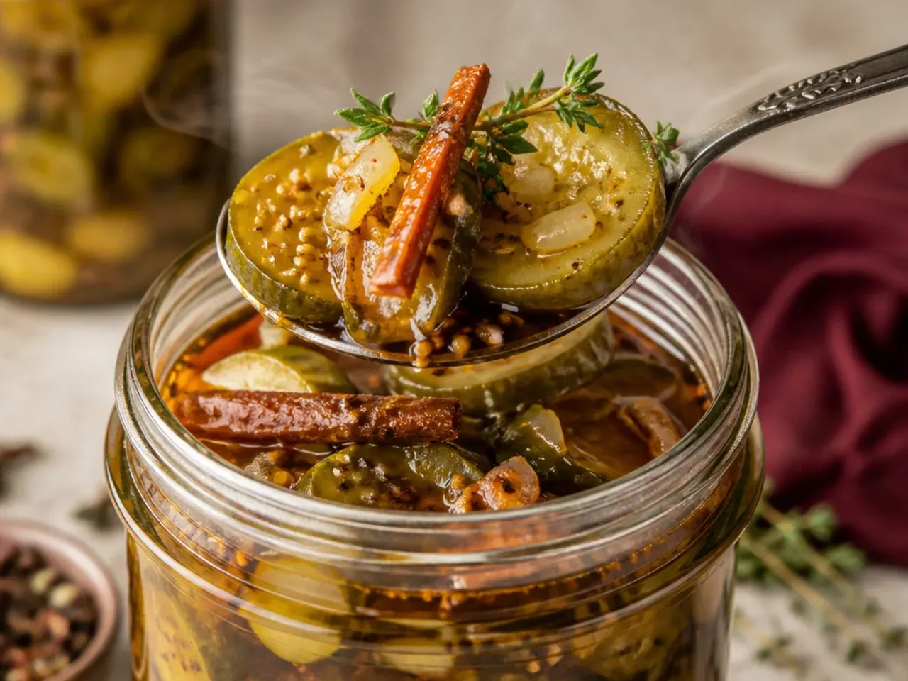 Cinnamon stick and allspice berries steeping in warm brine for mulled-spice amish pickles
