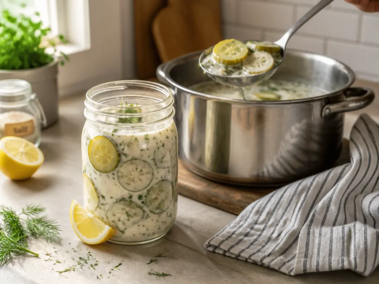 Creamy ranch-style amish pickles with a dill and soured cream dressing