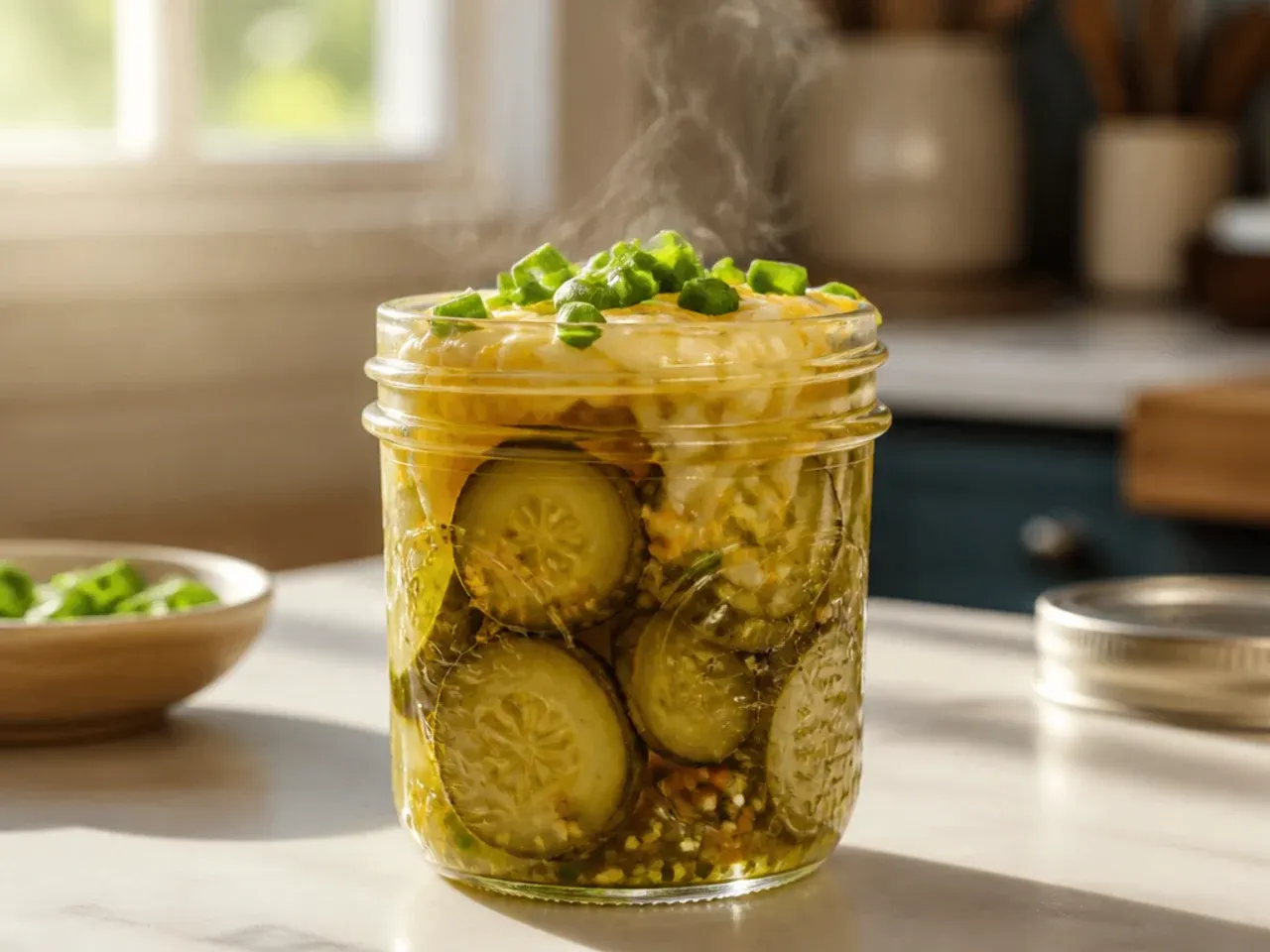 Small 500ml mason jar of amish pickles sized for a single household