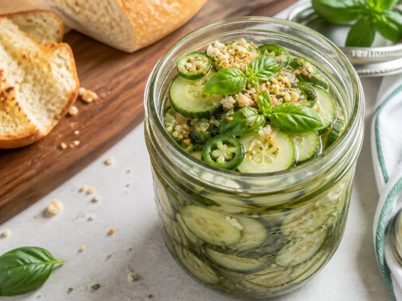 Sliced jalapeno peppers mixed through amish refrigerator pickles in brine