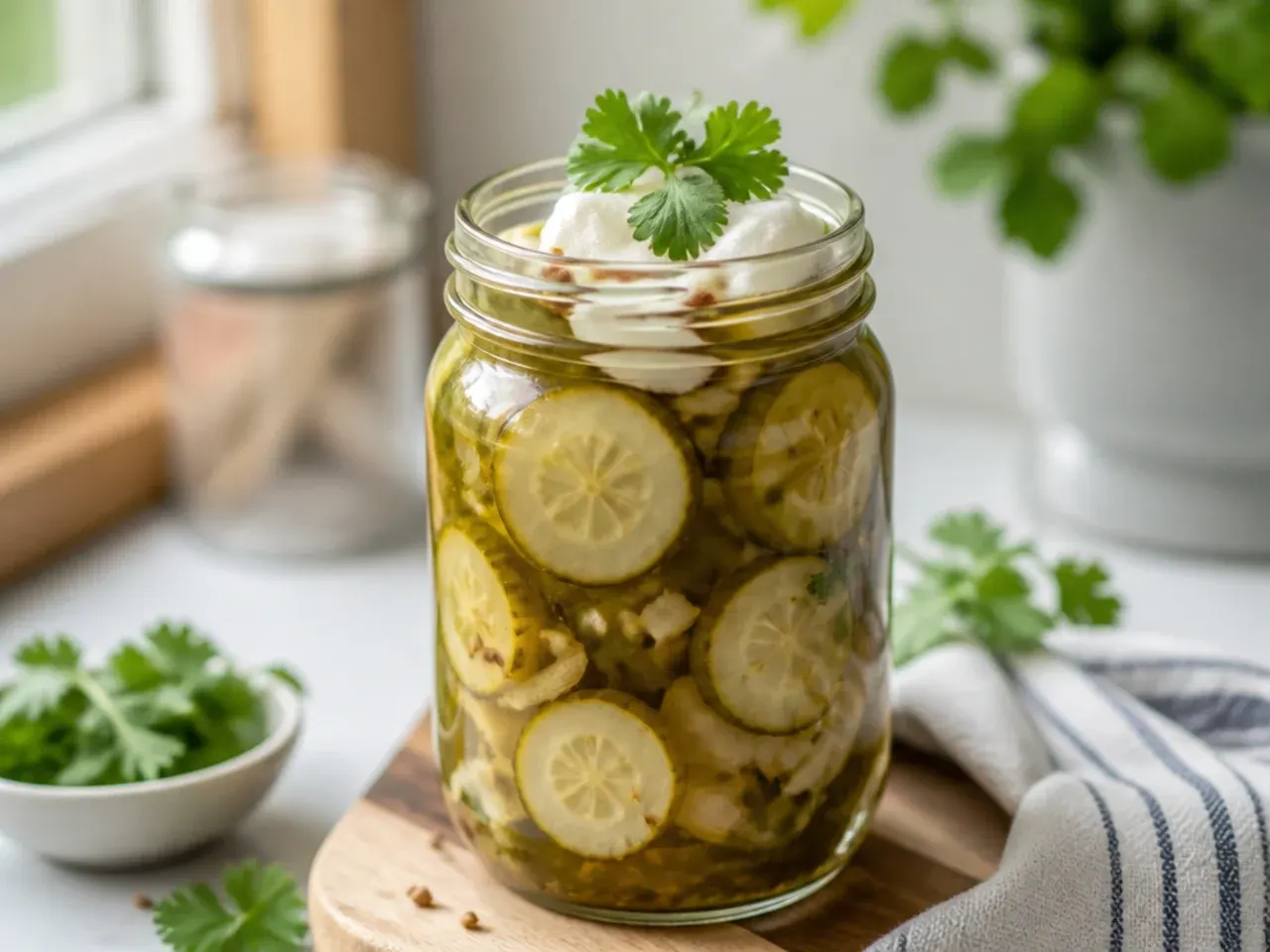 Tart, reduced-sugar amish pickle slices in a lighter coloured brine
