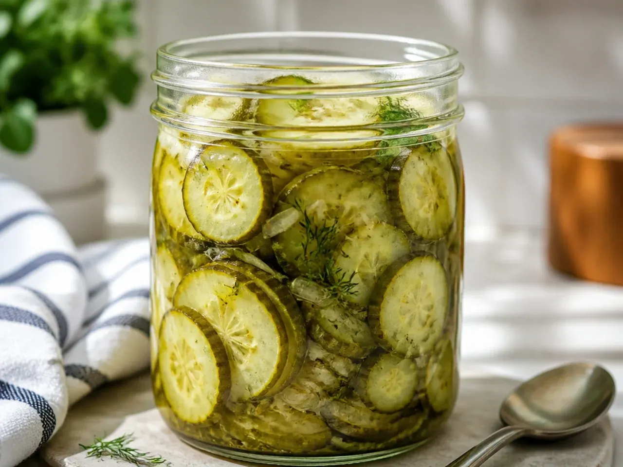 Basic pantry-staple ingredients of vinegar, sugar and salt beside a jar of sliced cucumbers