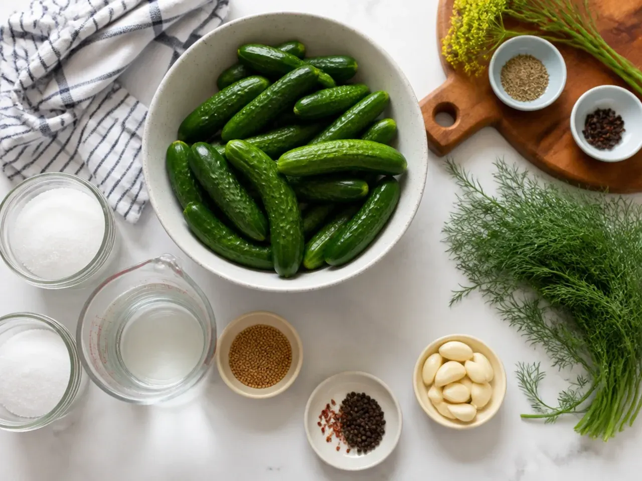 Close-up of hands pressing sliced cucumbers down under brine in a jar