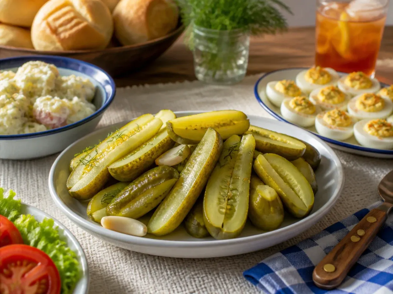 Amish refrigerator pickles served on a burger and alongside a cheese board