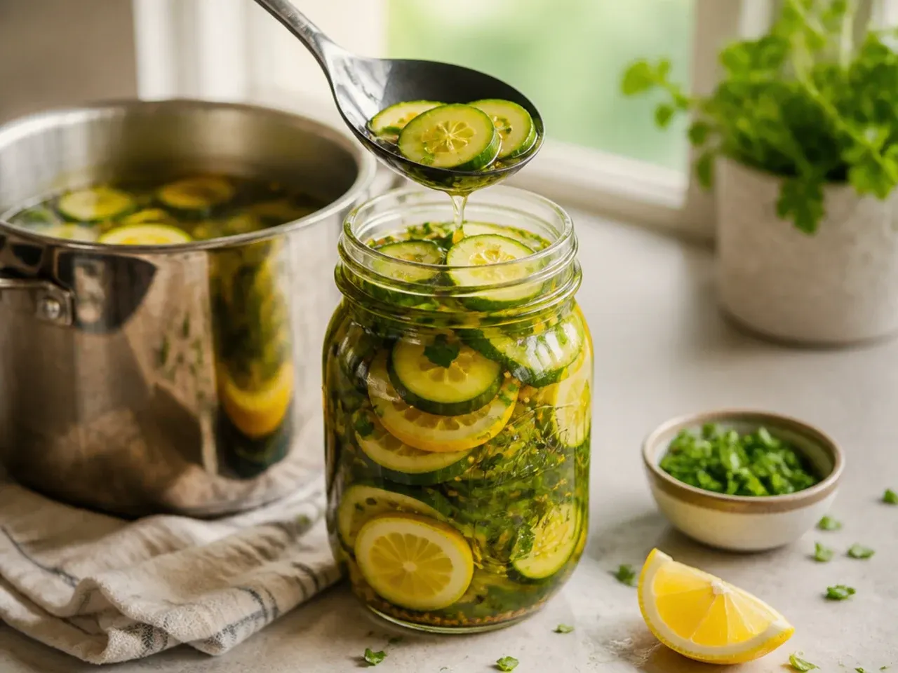 Sealed jar of amish refrigerator pickles stored on a fridge shelf