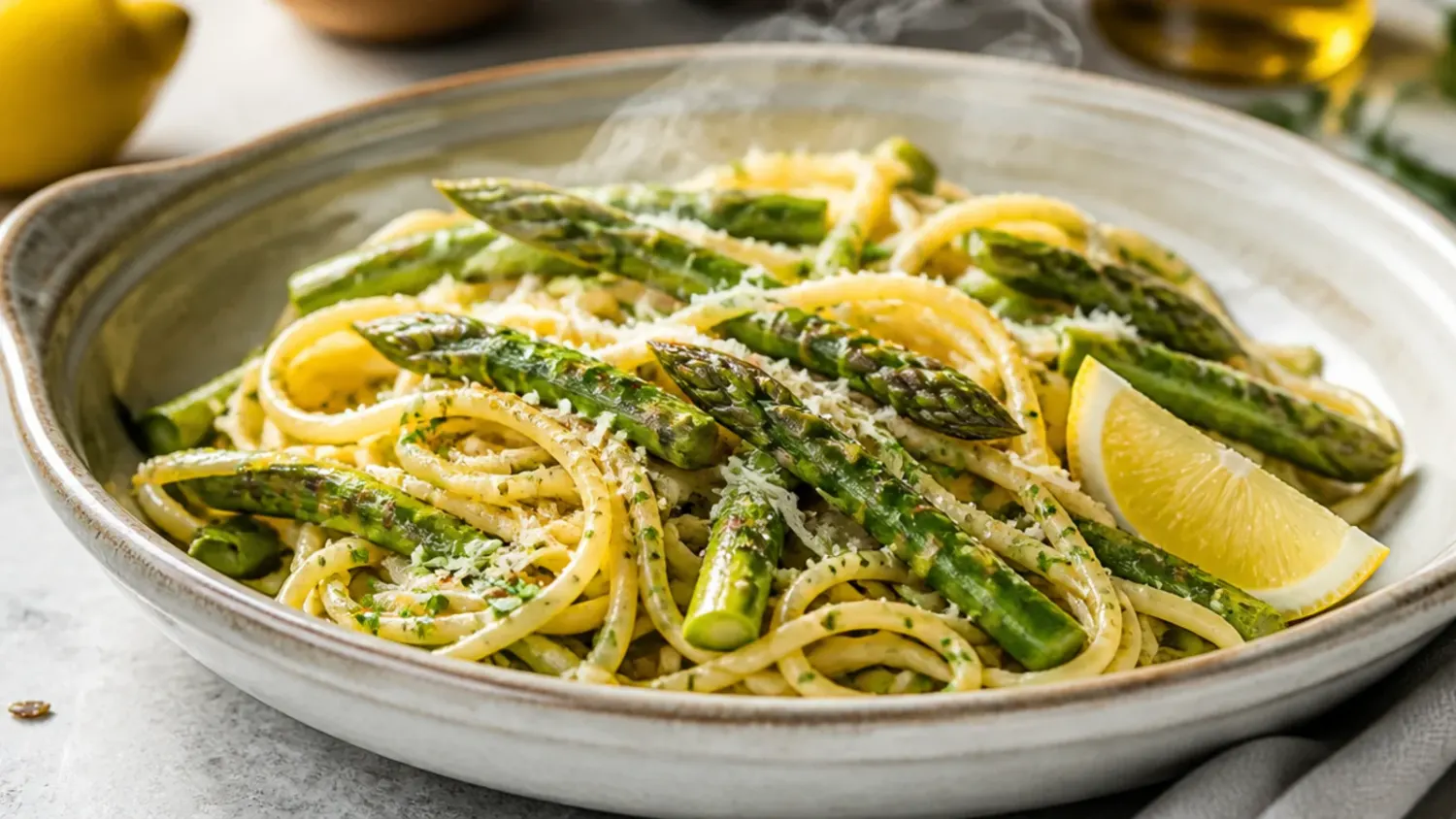 Overhead shot of creamy asparagus pasta twirled on a fork in a white bowl, garnished with lemon zest, Parmesan, and fresh parsley
