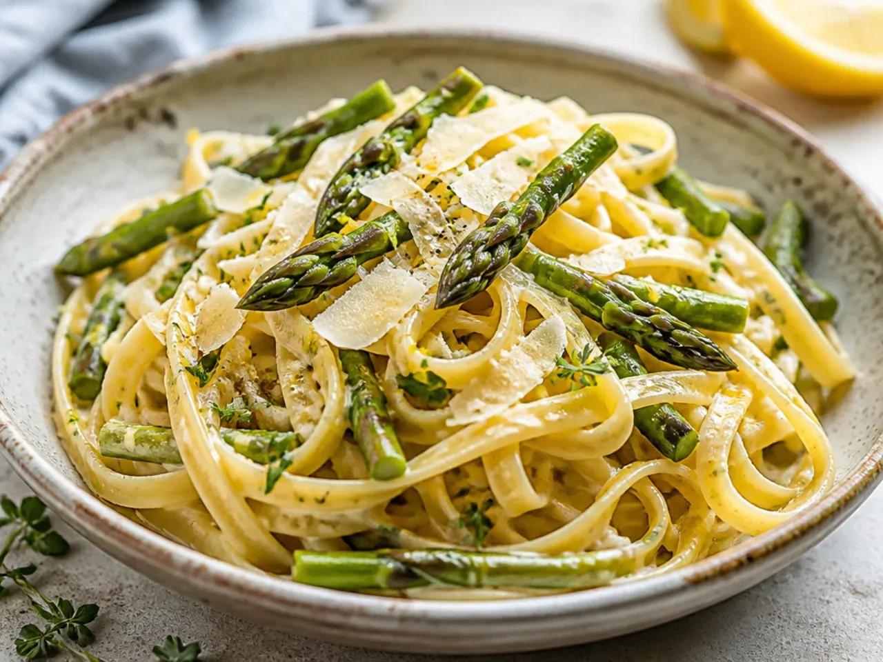 Bowl of creamy asparagus pasta with lemon and Parmesan on a rustic wooden table