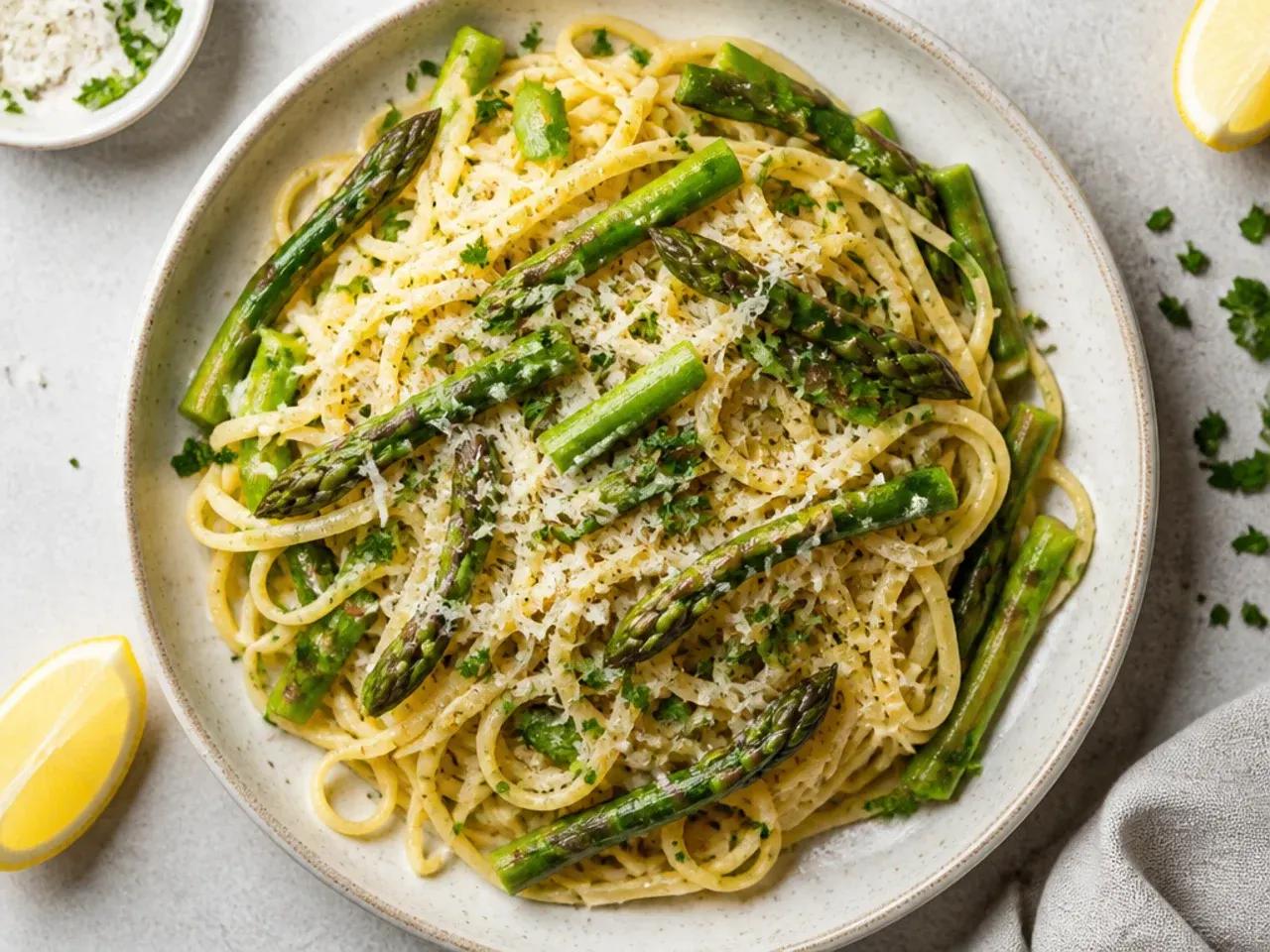 Fettuccine tossed with asparagus, lemon zest, and butter in a skillet
