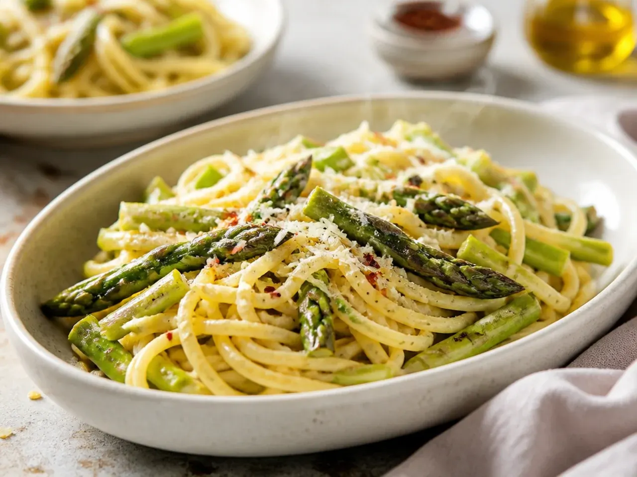 Quick garlic Parmesan asparagus pasta in a pan with a wooden spoon
