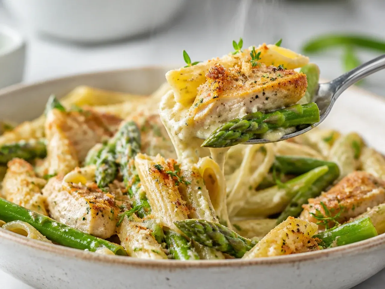 Creamy asparagus pasta topped with sliced seared chicken