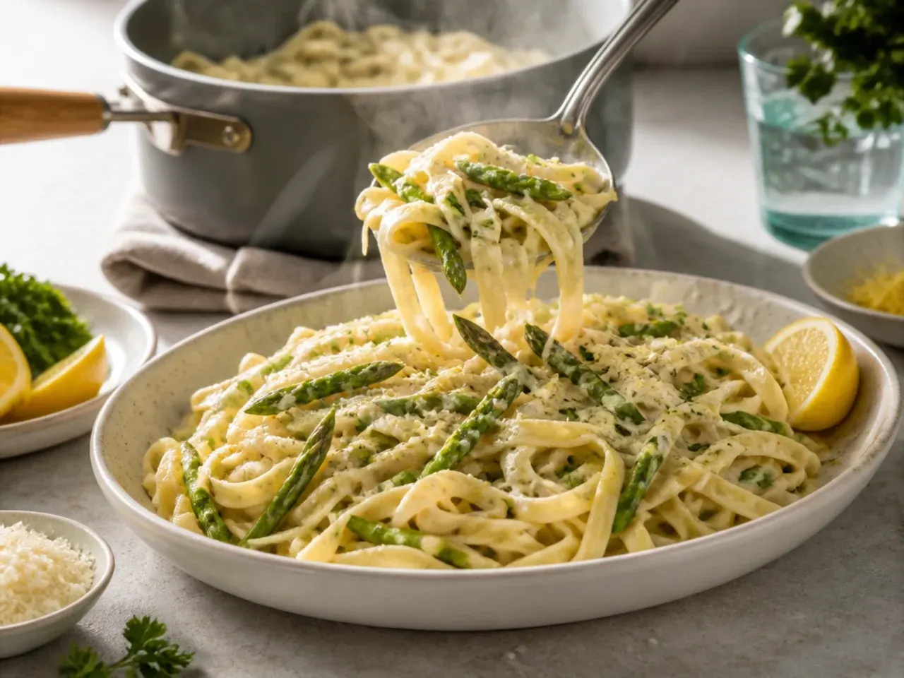 Thick Alfredo-style asparagus pasta in a shallow bowl