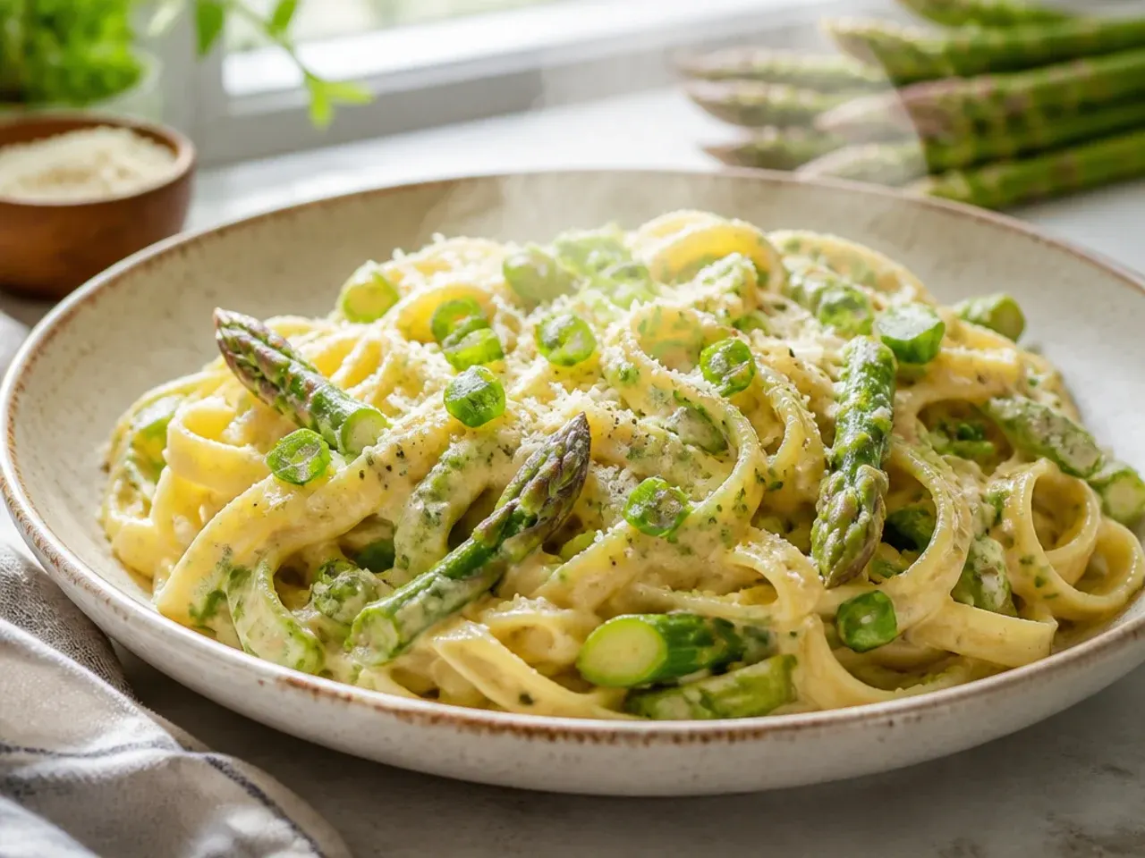 Rigatoni asparagus pasta with a mascarpone cream sauce