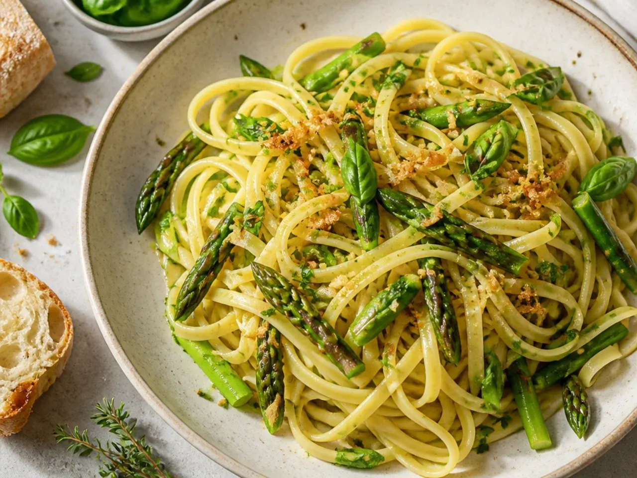 Light olive oil asparagus pasta with chilli flakes
