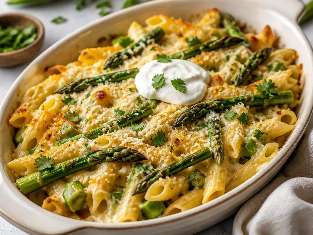 Baked cheesy asparagus pasta bubbling with golden mozzarella