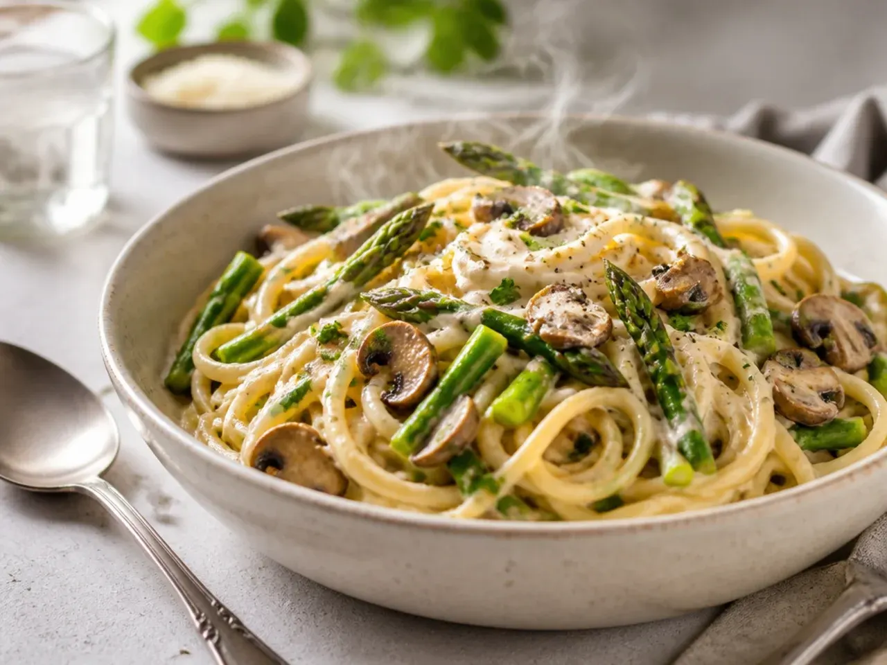 Creamy asparagus and mushroom pasta in a deep skillet