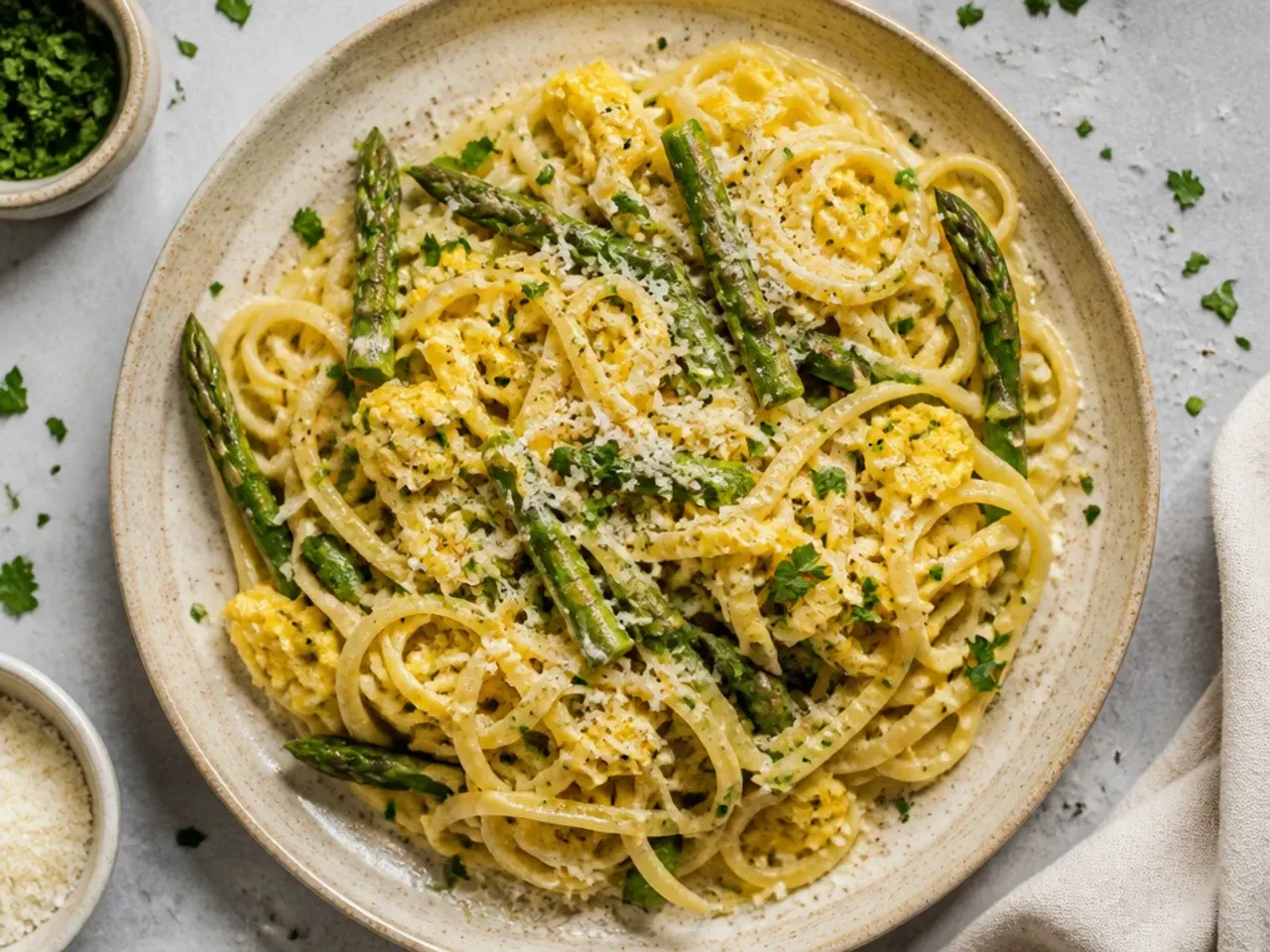 Egg-based budget asparagus pasta with a glossy silky coating