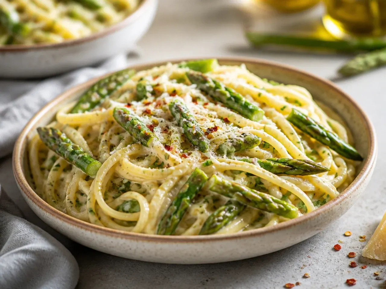 One-pan asparagus pasta simmering in a single skillet