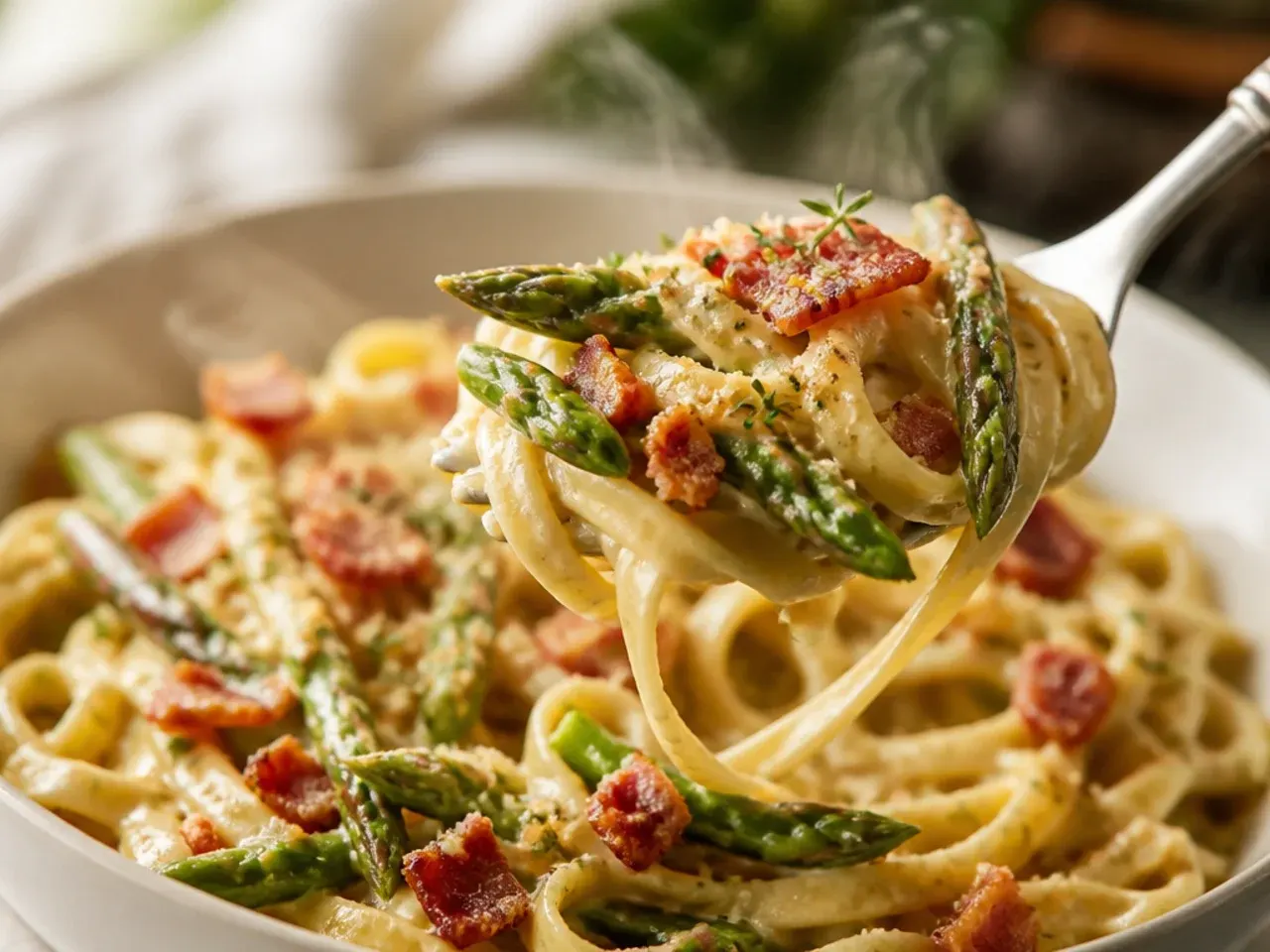 Rustic asparagus pasta topped with crispy pancetta and pecorino