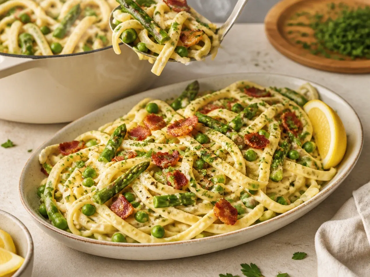 Loaded asparagus pasta with peas and crispy bacon crumbles