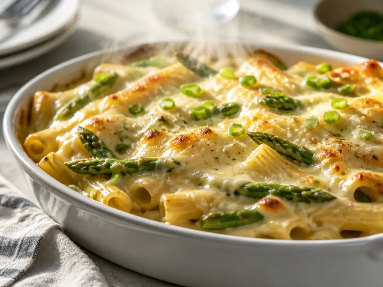 Large family-size baking dish of golden baked asparagus pasta