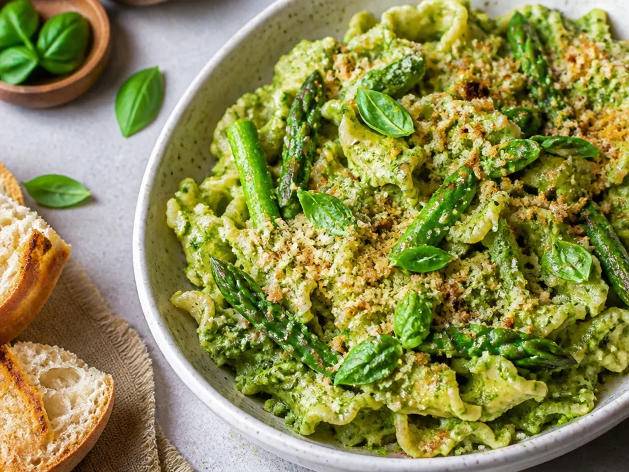 Green pesto asparagus pasta topped with toasted pine nuts