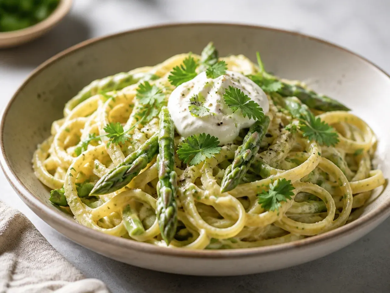 One-pot creamy asparagus pasta simmering with a wooden spoon