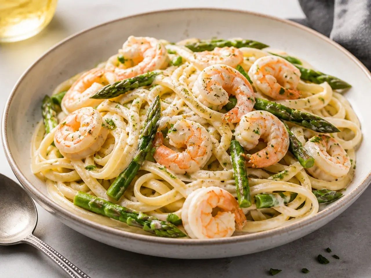 Creamy asparagus pasta with seared pink prawns and lemon