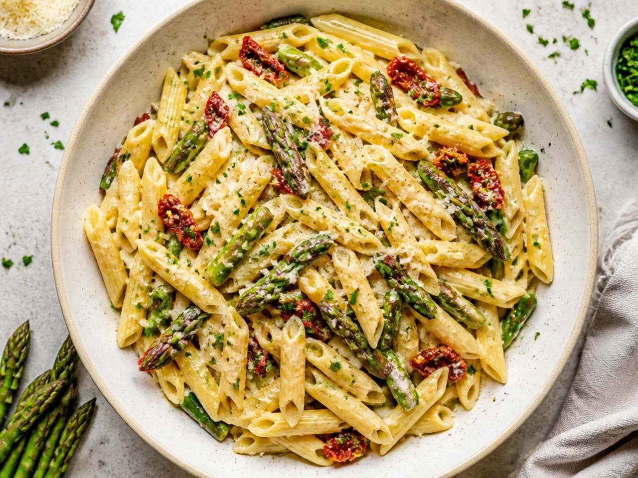 Asparagus pasta flecked with chopped sun-dried tomatoes
