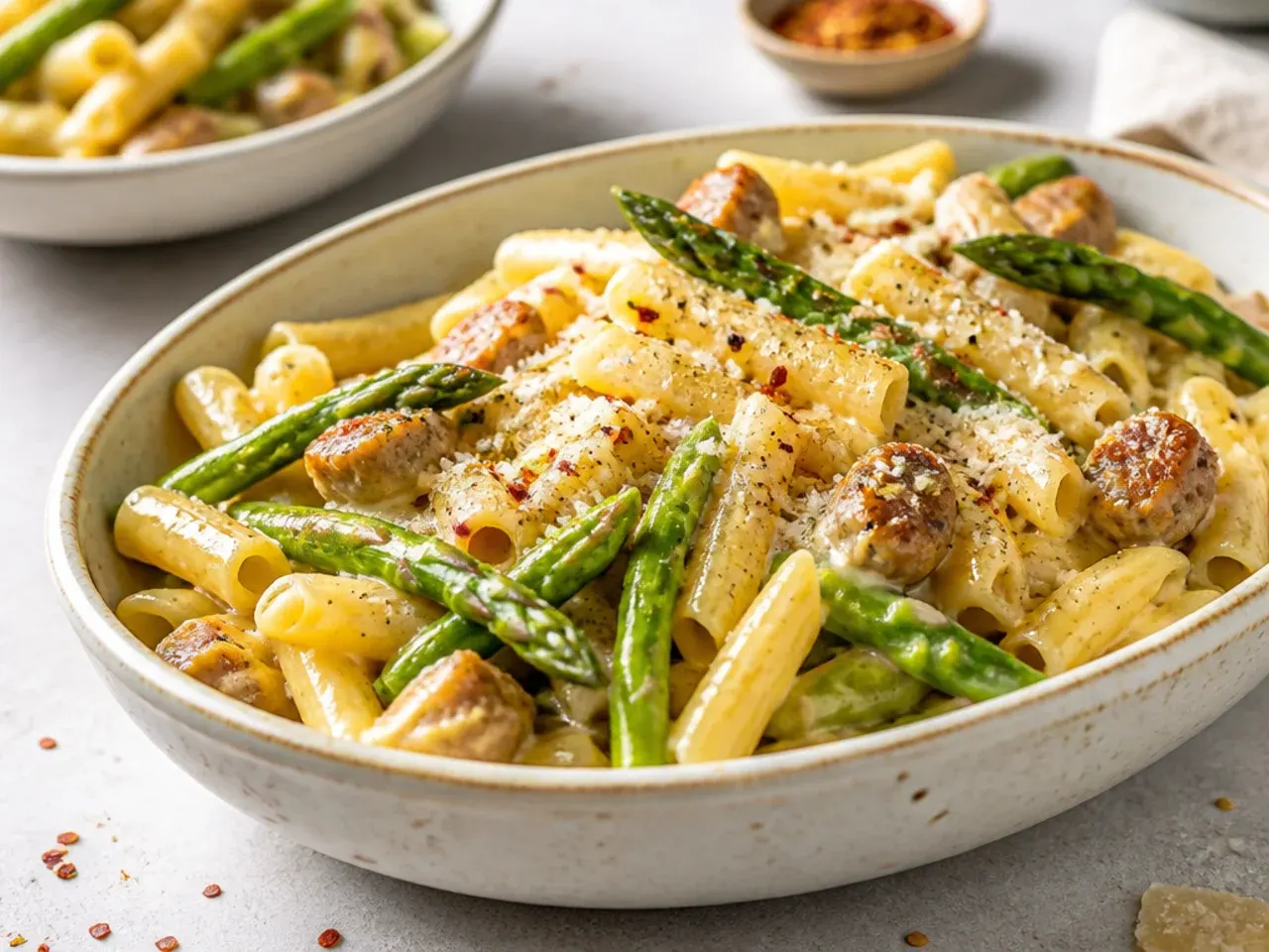 Hearty asparagus pasta with crumbled Italian sausage