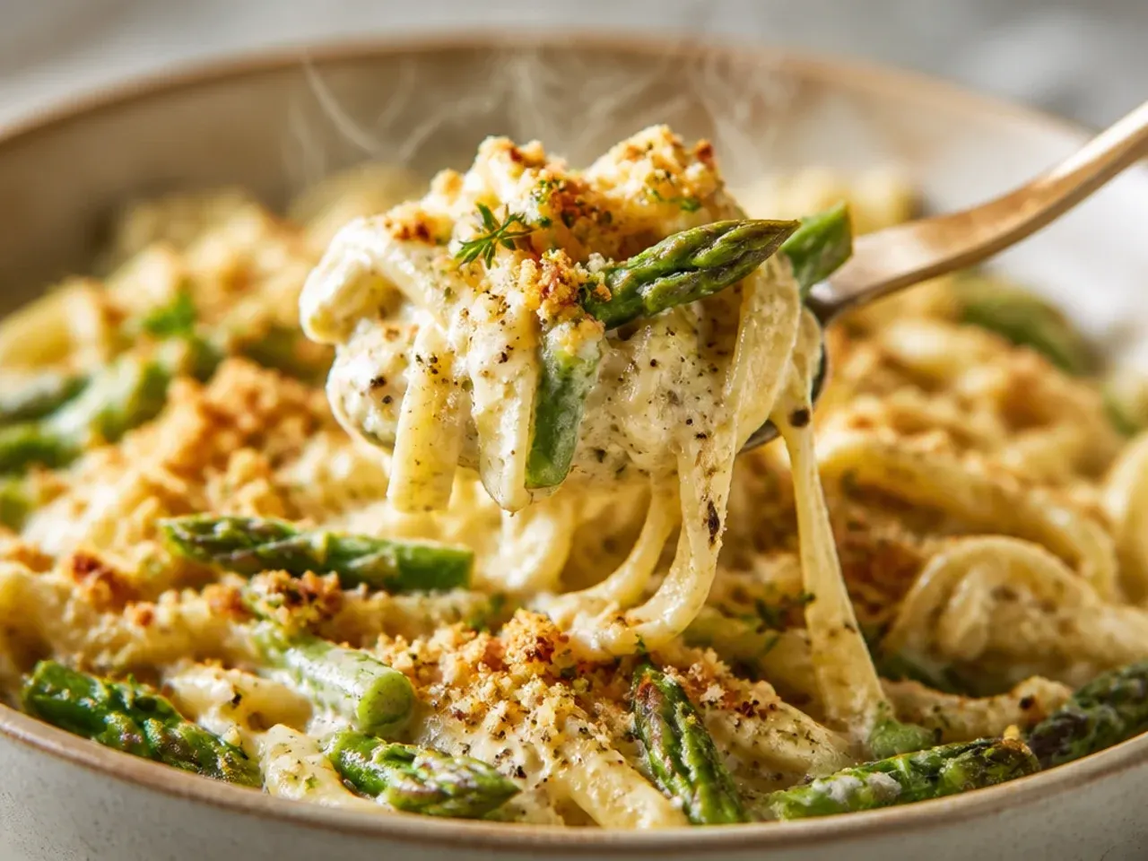 Asparagus pasta with dollops of creamy ricotta on top