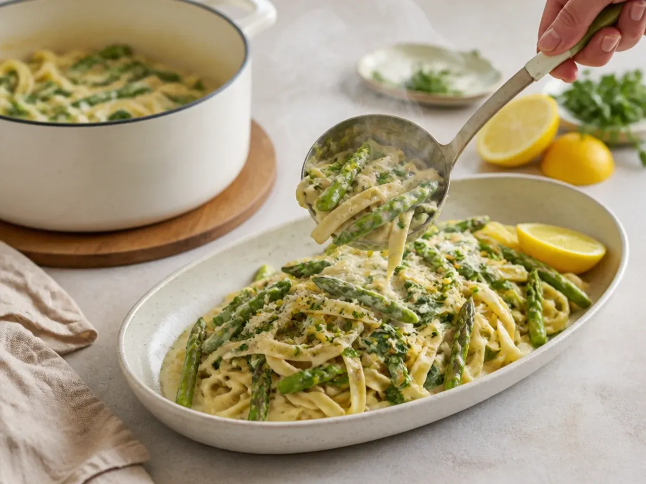 Creamy asparagus pasta with wilted spinach and lemon zest