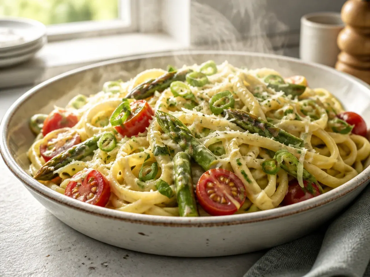 Asparagus pasta with blistered cherry tomatoes and basil
