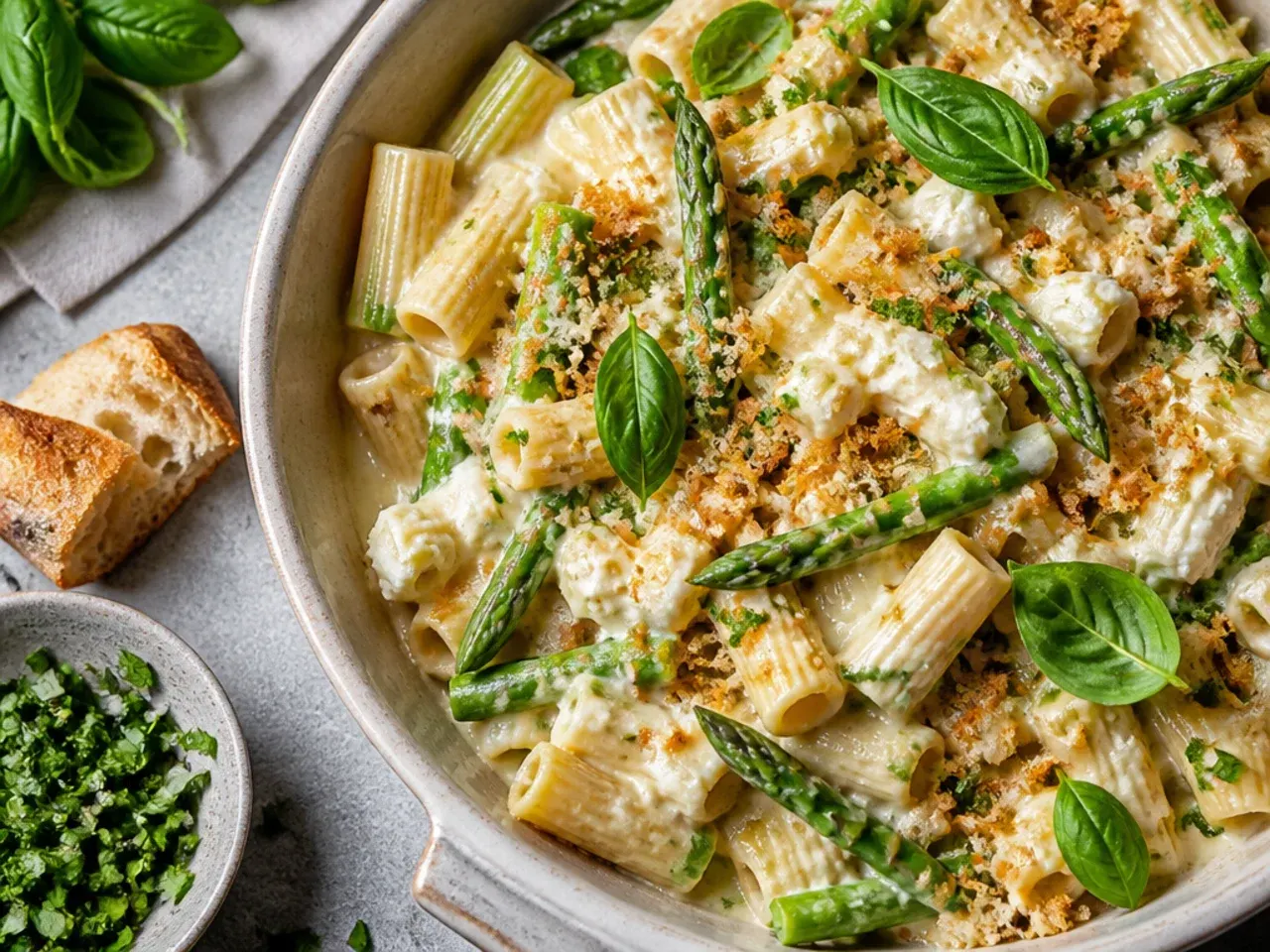Asparagus pasta with crumbled goat cheese and a honey drizzle