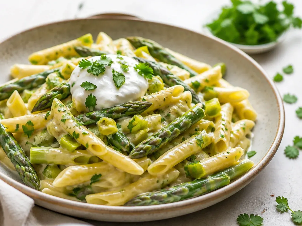 Comforting asparagus pasta with soft sweated leeks