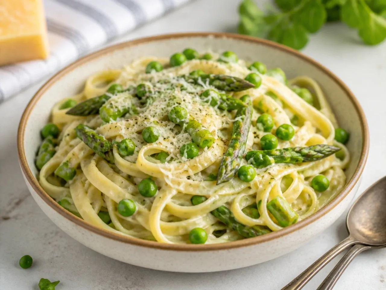 Budget-friendly asparagus and pea pasta in a green sauce