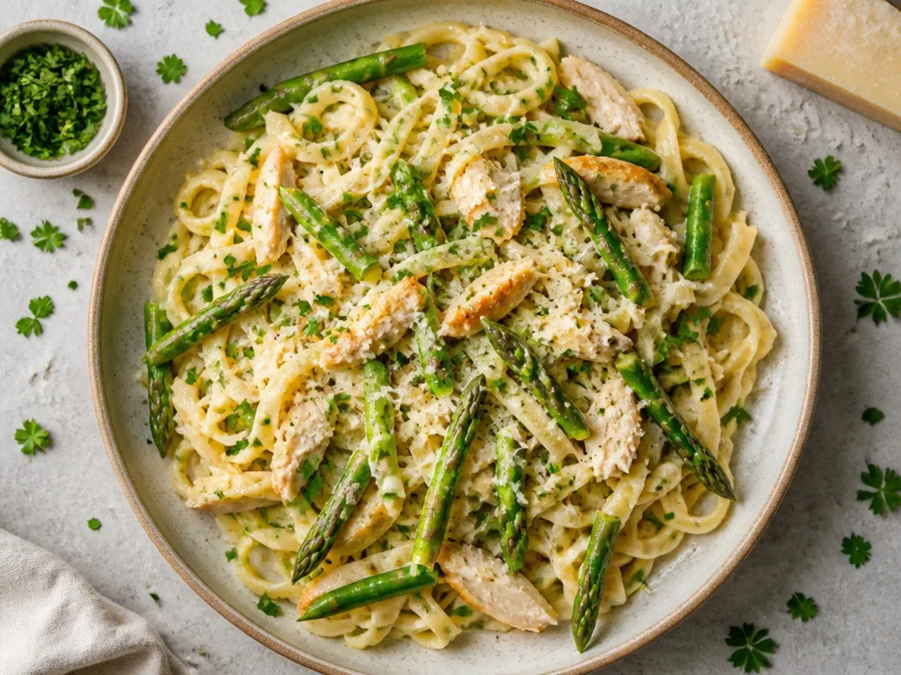 Weeknight asparagus pasta with shredded rotisserie chicken