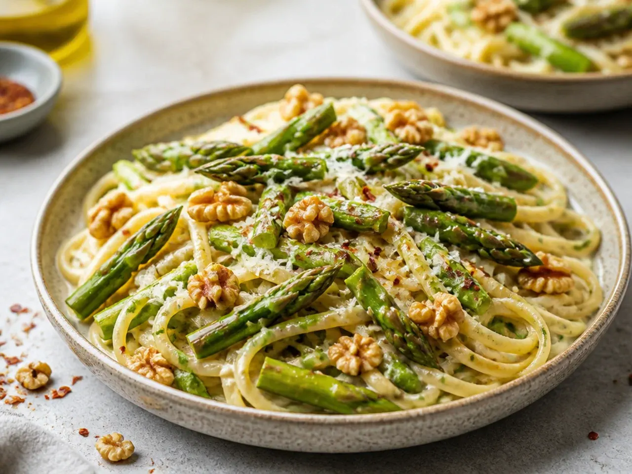 Rustic asparagus pasta topped with toasted walnuts and pecorino