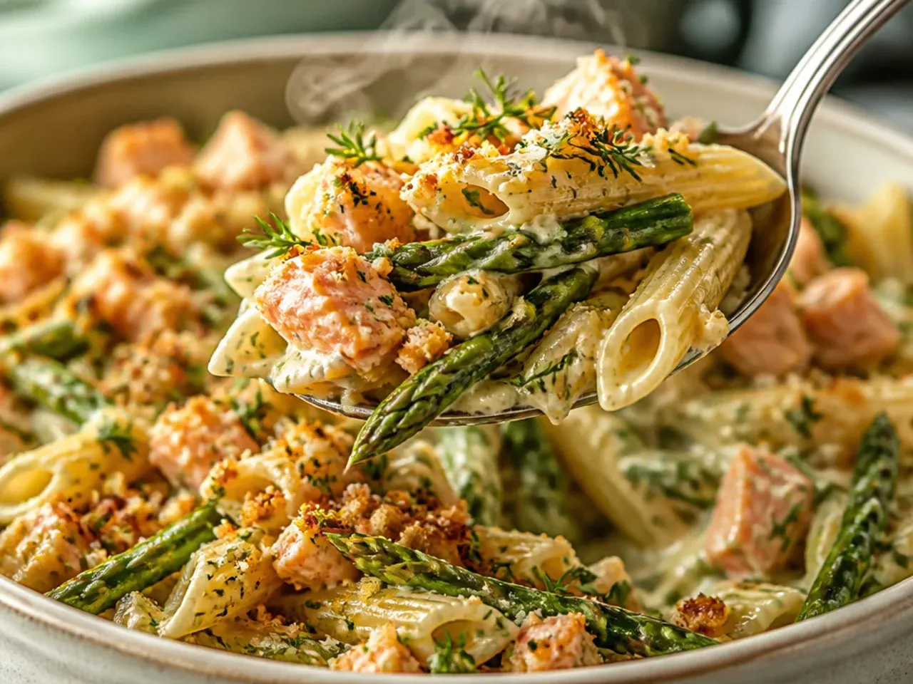 Asparagus pasta loaded with flaked salmon and fresh dill
