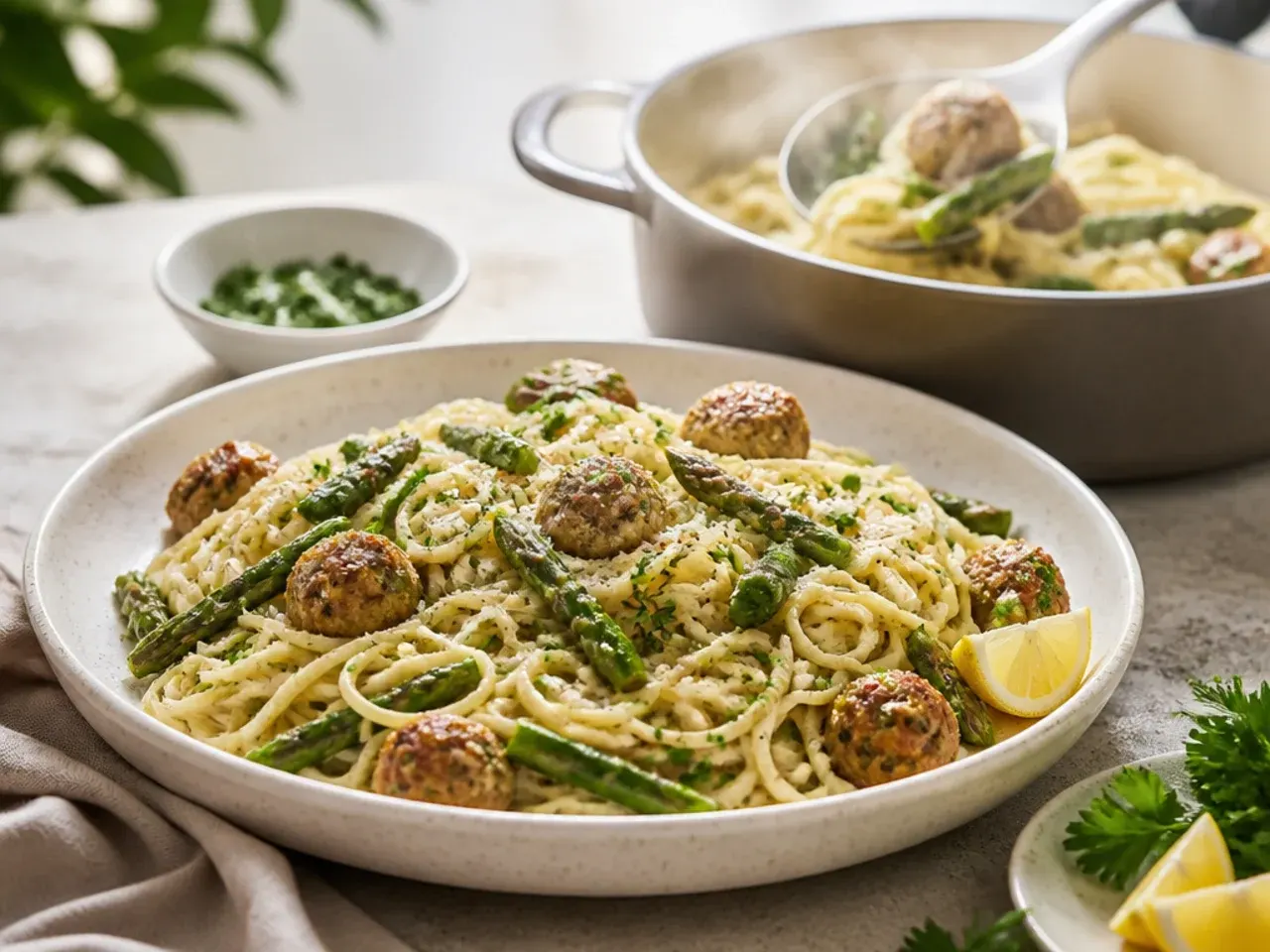 Family plate of asparagus pasta with meatballs in cream sauce